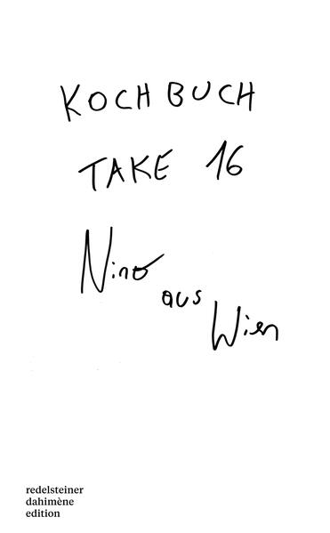 "Der vielleicht wichtigste österreichische Singer-Songwriter der letzten 20 Jahre hat also ein Buch geschrieben. Sein erstes Buch. Was für ein Buch? „Kochbuch“ - antwortet Nino. Nein, natürlich gelogen. Oder halb gelogen. Nino ist ein Poet, und hat einiges erlebt. Kochbuch liest sich daher wie ein surreales, ab und an psychedelisches Journal von allem was ihm in und um (Pop- )Wien sowie der weiteren Welt in den letzten 20 Jahren passiert ist. 1, 2 Rezepte gibt’s wohl auch, vielleicht. Ein Spaß, ein Film, ein Trip. Take 16"