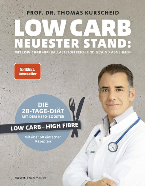 Die Low-Carb-Revolution: Low Carb - High Fibre Low Carb als Ernährungsform lässt überflüssige Pfunde wirksam schmelzen und senkt die Risiken für Herz-Kreislauf-Erkrankungen und bestimmte Krebsarten. Mit Low Carb - High Fibre, also mit erhöhtem Ballaststoffanteil, ist Low Carb endlich auch gesund für den Darm geworden. Wirksamer, gesünder und noch sättigender Das Buch bietet einen Überblick über die aktuelle Studienlage und das, was man als Anwender über Low-Carb-Ernährung wissen muss. Gleichzeitig ist es eine umfassende Anleitung für eine hochwirksame ketogene (also unter 50 g Kohlenhydrate pro Tag) Turbo-Low-Carb-Diät, bei der trotz Low-Carb-Ausrichtung die medizinisch empfohlene Menge von etwa 35 g Ballaststoffen pro Tag erreicht wird. Das ist für den Aufbau einer gesunden Darmflora ideal. Hierzu wurden Lebensmittel mit hohem Ballaststoff- und geringem Kohlenhydratanteil mit den klassischen Low-Carb-Komponenten nach neuester Studienlage kombiniert und von der Low-Carb-Expertin Bettina Matthaei zu köstlichen, alltagstauglichen Rezepten verfeinert. Prof. Dr. Thomas Kurscheid ist oft zitierter Spezialist für Ernährungs- und Präventivmedizin im TV und Initiator der ersten ärztlichen Fortbildung zum Adipologen. Wie kein Zweiter steht er selbst für eine einfache, frische und gesunde Küche. Täglich kocht er mittags selbst in seiner Praxis - auf zwei kleinen Herdplatten.