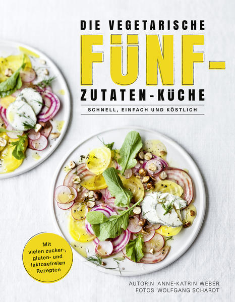 Aus nur einer Handvoll Zutaten! Schluss mit langen Zutatenlisten und zeitaufwendigem Einkaufen! Anne-Katrin Weber zeigt in ihrem neuen vegetarischen Kochbuch, wie man mit maximal fünf Zutaten im Handumdrehen köstliche Gerichte zaubert. Basiszutaten wie Öl, Essig und ein paar Gewürze stehen in jedem Vorratsschrank. Dazu kommen fünf Zutaten, die alle im Supermarkt erhältlich sind. Für den schnellen Durchblick sorgen bebilderte Zutaten in den Rezepten - so weiß man gleich, was einzukaufen ist. 77 Rezepte finden sich in dem neuen Kochbuch der Erfolgsautorin. Viele davon sind glutenfrei, laktosefrei oder vegan. Unkompliziert und genussvoll sind sie alle! Anne-Katrin Weber legt seit jeher großen Wert auf eine gesunde, saisonale Küche - egal, ob es sich um sättigende Salate, Suppen, mediterrane oder asiatische Gerichte, Knuspriges aus dem Ofen oder süße Schmankerl dreht. Ein paar Kostproben gefällig? Avocado-Gurken-Tatar mit Limettenschmand, Süßkartoffelsuppe mit gerösteten Kichererbsen, Möhrennudeln mit Haselnuss-Feta-Pesto, Masala-Kartoffeln mit rotem Linsen-Dhal, Ramenburger mit Räuchertofu, Flammkuchen mit Ziegenkäse und Apfel, Mango-Nicecream - alles getreu dem Motto: minimaler Aufwand, maximaler Genuss!