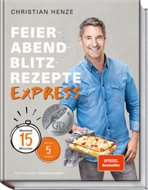 Nicht nur schnell, sondern EXPRESS „Feierabend-Blitzrezepte“ gehört zu den beliebtesten und erfolgreichsten Kochbuch-Bestsellern der vergangenen Jahre. Dank der einfachen Umsetzbarkeit der köstlichen Rezepte konnte das Buch die Herzen unzähliger Fans erobern, die sich neben Arbeit, Hobby und Familie gern unkompliziert, aber eben mit frischen Zutaten und ohne unerwünschte Zusatzstoffe ernähren. Grund genug für Christian Henze, die Messlatte für das nächste Buch ein Stückchen höher zu legen. Noch schneller, noch einfacher, noch weniger Stress beim Einkaufen: Das war das Ziel. Einfach schnelle Rezepte für jeden Tag. Herausgekommen sind Gerichte, die in 10 bis 15 Minuten auf dem Tisch stehen, aber wieder genauso genial schmecken. Spitzen- und TV-Koch Christian Henze steht wie kein anderer Sternekoch für einfache, köstliche Küche, die begeistert. Viele Jahre durfte er für den prominenten Milliardär Gunter Sachs und dessen illustre Gäste kochen. Oft tauchte dieser mit vielen Freunden im Schlepptau mitten in der Nacht, völlig überraschend und hungrig nach Streifzügen durch die Szene, zu Hause auf. Die schnelle Antwort aus der Küche mit wenigen Zutaten wurde so immer mehr zu einer der Lieblingsdisziplinen von Christian Henze. „Express ist es, wenn die Zubereitung schneller geht, als den Tisch zu decken und zu essen!“ Und nur wenige Köche beherrschen sie so gut wie er. Raffinesse und Abwechslung stehen in seinem neuen Buch genauso im Vordergrund wie eine gesunde, frische Küche, die Spaß macht. Wenn man überlegt, dass schon eine Tasse Tee und zwei belegte Brote, vielleicht mit frischen Radieschen, etwa 5 Minuten brauchen, ahnt man, was für eine Herausforderung Rezepte mit einer Zubereitungszeit von 10 oder 15 Minuten sind. Du wirst staunen, was du mit Christian Henzes Rezepten in dieser kurzen Zeit zaubern wirst! Maximal 15 Minuten Zubereitung und maximal 5 Zutaten einkaufen.