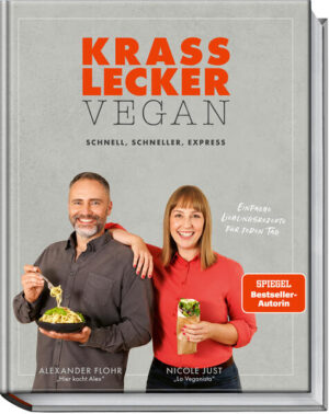 Krass lecker vegan: Glück satt in nur 10, 15 oder 30 Minuten! Sie ist Fleischermeisterenkelin, er ist Straßenbaumeister. Bloggerin Nicole Just („La Veganista“) und Alex Flohr, bekannter Youtuber („Hier kocht Alex“), kochen sich seit einigen Jahren bestsellerverdächtig vegan durchs Leben und stehen für alltagstaugliche, bodenständige Pflanzenküche. Die Zweifachmama Nicole und der Dreifachpapa Alex wissen: Die größten Kritiker sitzen bei ihnen zu Hause am Tisch, und wenn sie Hunger haben, sollte es am besten schnell gehen und zum Fingerablecken gut sein! Darum haben Nicole und Alex ihre besten und schnellsten veganen Rezepte für die ganze Familie gesammelt und in diesem Buch veröffentlicht. Die Rezepte sind nach der verfügbaren Zeit in Kapitel unterteilt: Im ersten Kapitel stellen Alex und Nicole ihre besten 10-Minuten-Snacks für den schnellen Hunger vor, etwa Nicoles Baked-Beans-Toast mit Avocado und Sauerrahm oder Alex’ Brandenburger Clubsandwich mit rauchigen Tomaten. Wer 15 Minuten Zeit hat, gönnt sich Alex’ Auberginenpfanne „1001 Nacht“ mit lockerem Bulgur oder Nicoles cremigen Nudel-Onepot mit Kohlrabi und Erbsen. Nach 30 Minuten stehen Spicy Shakshuka mit Sesam­nocken, Sesambrot und Rote-Bete-Salat, Country Fries mit Mangold-Möhren-­Slaw und Chilibohnen oder Blumenkohlsteak au four mit Kartoffelecken und knackigem Salat auf dem Tisch. Weiter geht es mit ihren Lieblings-Blitzdesserts und schnellen Kuchen, die das kulinarische Vergnügen abrunden. Dazu gibt es noch die besten 5-Minuten-Basics wie Saucen, Dressings, Toppings und Co., die deinem Essen täglich einen besonderen Kick geben. Für jedes Rezept gilt: krass lecker vegan, günstige Zutaten, schnelle Umsetzung und maximaler Geschmack!