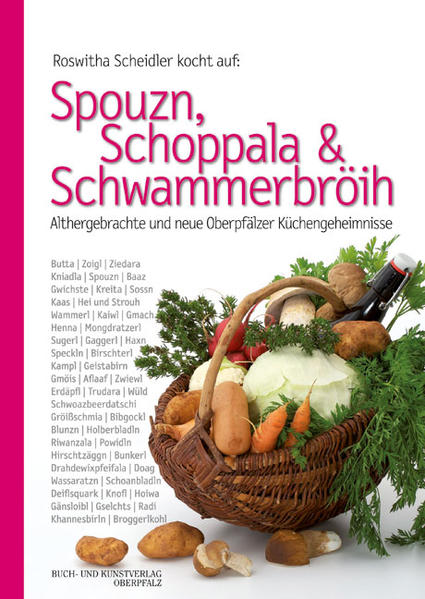 Wenn bei Roswitha Scheidler die Töpfe und Pfannen klappern, dann gibt es echte Gaumenfreuden. Ihre mit viel Humor gewürzten Kochkurse sind Kult. Kein Wunder: Die Gerichte der Meisterin der ländlichen Hauswirtschaft und Neustädter Ehrenkreisbäuerin sind ebenso einfach wie lecker. Und ihre Rezepte sind ebenso alltagstauglich wie gesund. Die „Scheidlerin“, 1930 am Fuße des Steinwalds in Erbendorf geboren, kocht nach altüberlieferten Rezepten, so wie sie es von ihrer Mutter und ihrer Schwiegermutter gelernt hat. Die frischen Zutaten stammen fast ausschließlich aus der Region, in der Roswitha Scheidler aufgewachsen ist, in der sie ihr ganzes Leben verbracht hat und mit der sie verwurzelt ist. „Schoppala, Spouzn und Schwammerbröih“ ist ein ungewöhnliches Kochbuch. Es ist eine kulinarische Liebeserklärung einer Bäuerin an eine Region, in der Liebe wirklich durch den Magen geht. Viele witzige Gstanzln, ein kleines Mundartlexikon sowie die ungewöhnliche Illustration machen Lust darauf, die Oberpfalz kulinarisch neu zu entdecken.