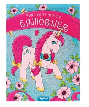 Vorhang auf für die bunte Einhorn- Zauberwelt. Jedes Bild zeigt den integrierten pinken Glitzerstein. Auf dem Cover funkelt es und lädt ein zum Malen und Gestalten.