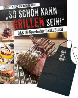 Ein absolutes Must-Have für jeden Griller! Buch & Grillschürze im Set! Schönes Geschenkset zum kleinen Preis Perfekte Geschenk-Idee für die Grill-Party Dieses Geschenkset ist ein absoluter Preistipp: Neben dem schönen Buch mit den tollen Fotos und Rezepten gibt es für die knapp 20 Euro eine ausgefallene Grillschürze in kohlschwarz mit stylischem „Steak oft he Art“-Aufdruck. Grillmeister Ted Aschenbrandt begeistert mit außergwöhnlichen Rezepten vom Grill, wie Bier-Bad-Bratwurst, Siegerländer Krüstchen, Crunchy Drumsticks oder Steinbeißer mit Mango-Salsa. Teds Gerichte sind abwechslungsreich, raffiniert und genauso einfach vorzubereiten wie nachzugrillen. Dabei schmeckt das Bier nicht nur als Begleiter, sondern ab und an auch auf dem Teller, nämlich dann, wenn mit dem Hopfensaft mariniert und gegrillt wird ... Und natürlich darf einem echten Grillmeister neben Grill und Zange eines auf keinen Fall fehlen: Eine stylische und robuste Schürze! So kann neben dem Essen auch der Gastgeber selbst überzeugen. Ein absolutes Must-Have für jeden Griller!