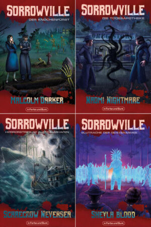 Tauchen Sie ein in die schaurige Welt von "Sorrowville" und erleben Sie die unheimlichen Fälle des Zacharias Zorn! Die erste Staffel der Reihe beinhaltet vier Romane, die es nun endlich auch im Bundle gibt! Über die Reihe "Sorrowville": Die Goldenen Zwanziger in Amerika - Gesellschaft, Kultur und Wirtschaft erblühen. Doch in manchen Städten sind selbst die Fassaden von Schmutz besudelt, und nicht einmal der Schein trügt. An diesen Orten haben Verbrechen und Korruption längst die Herrschaft ergriffen. Verborgen in den Ruinen der Rechtschaffenheit lauern unsagbare Schrecken, welche die Vorstellungskraft schwacher Geister und krimineller Gemüter sprengen. Kaskaden des Wahnsinns, geboren aus einem zerstörerischen Willen zu allumfassender Macht, zerren am Verstand einstmals braver Bürger. Dagegen stellt sich Zacharias Zorn, Privatermittler mit außergewöhnlichen Fähigkeiten. Nur er ist imstande, Licht in die Finsternis zu tragen - unter Einsatz seines Lebens und seiner Seele. Willkommen … in Sorrowville! Über Band 1 "Der Knochenfürst": Auf dem Green Wood Cemetary am Rande von Sorrowville wird der Friedhofswächter Bernard White auf grausame Weise getötet. Die Polizei tappt im Dunkeln, doch Zacharias Zorn und Elizabeth Roberts finden nach einem weiterem Massaker heraus, dass sich die Toten einer reichen Familie erhoben haben, um sich an ihrem jungen Erben zu rächen. Als sie sich auf die Spur eines nekrophilen Mörders setzen,erfahren sie vom ominösen „Knochenfürst“ aus den Prophezeiungen einer Wahnsinnigen. Im Namen des finsteren All- Einen will er Sorrowville unter die Herrschaft des Untods zwingen. Über Band 2 "Die Todesapotheke": In Sorrowville kursieren seit einiger Zeit Ersatzdrogen aus naturbasierten Kräutermischungen, die der Mafia Konkurrenz machen. Doch bald sterben mehrere Abhängige auf unerklärliche Weise, grausam ihrer Seelen entraubt. Zacharias Zorn und Elizabeth Roberts glauben nicht an einen Zufall, und die Familie einer Apothekerin scheint mehr zu wissen, als sie zugibt. Bei ihren Nachforschungen stoßen der Privatermittler und die Reporterin auf Diener der Finsternis, deren Pläne weiter gediehen sind, als sich die beiden vorzustellen vermochten. Über Band 3 "Horrorstreik im Albtraumhafen": Ein deutscher Frachter havariert im Devil's Riff unweit von Sorrowville, wo der Regen immer fällt und die Menschen kein freundliches Wort miteinander wechseln. Während ein Streik der Hafenarbeiter die Stadt in Atem hält, machen sich Elizabeth Roberts und Zacharias Zorn auf den Weg, um das gestrandete Geisterschiff zu untersuchen. Sie ahnen nicht, in welcher Gefahr Sorrowville schwebt: Eine dunkle Macht hat ihren hässlichen Schädel erhoben und zeichnet Bilder eines blutigen Untergangs der Stadt. Über Band 4 "Blutrache der Geisterarmee": Die Nervenheilanstalt von Sorrowville beherbergt die verwirrtesten Geister der Stadt. Als eine Patientin von der Auferstehung der Toten am Graveyard Hill phantasiert, werden Zacharias Zorn und Elizabeth Roberts auf den Plan gerufen. Tatsächlich gehen auf dem Grabhügel die Geister ermordeter amerikanischer Ureinwohner um. Die Opfer eines grauenhaften Massakers aus dem Jahr 1777 haben Rache geschworen und ergreifen Besitz von unschuldigen Seelen. Während sie die Einwohner von Sorrowville zunehmend in den Wahnsinn treiben, offenbart sich, dass nicht allein die Ermordeten ins Diesseits zurückgekehrt sind. Schon bald entbrennt in den Straßen von Sorrowville ein Krieg der Geister, dem die Lebenden wenig entgegenzusetzen haben.