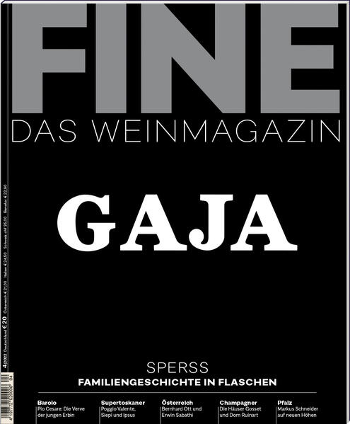 Was macht FINE aus? Jede Ausgabe – vierteljährlich mit 148 Seiten erscheinend – ist reich an passionierten, überraschenden Reportagen, exklusiven Hintergrundgeschichten und aktuellen Degustationen – ausschließlich über die edelsten Weine der Welt. Kenner schreiben hier für Kenner über die größten Kunstwerke des Weins, ihre Entstehung, ihre Pflege, ihre Geschichte und ihren Mythos. FINE erschließt mit außergewöhnlicher Fotografie und anspruchsvollem Design die Welt der feinsten, seltensten Weine.