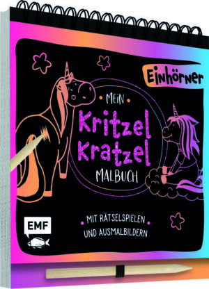 Zauberhafte Einhörner und fantastischer Kritzel- Kratzel- Spaß! Dieses magische Kratzbuch lädt zum Kratzeln, Ausmalen und Rätseln ein. Bezaubernde Einhörner reiten über den Regenbogen und warten darauf, ausgemalt zu werden. Auf den 15 schwarzen Kratzseiten mit unterlegter Regenbogenfolie wollen tolle Rätsel und Aufgaben von kleinen Künstlern ab 5 Jahren gelöst werden. Kratzbücher fördern die Kreativität und Fantasie der Kinder und bieten schnelle Erfolgserlebnisse. Mit praktischer Ringbindung und Holzstift zum Gleich- Loslegen und Mitnehmen.