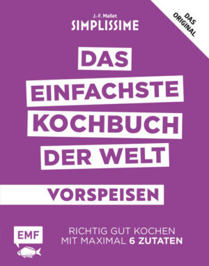 Volle Simplissime-Power voraus und zwar ganz gezielt bei der Vorspeise. Mit „Das einfachste Kochbuch der Welt: Vorspeisen“ gelingt jedes Menü, denn wenn der Start perfekt ist, dann ist der Rest nur noch Nebensache. Das Buch beinhaltet 45 leichte Vorspeisen aus maximal 6 Zutaten für jeden Geschmack. Die Rezepte reichen von Currygarnelen mit Zitronengras über Roquefort-Feigen, von gefüllten Tomaten mit Mozzarella und Pesto bis zu Butternut-Kürbis mit Hähnchen. Layout und Bildsprache des Buchs sind stark vereinfacht und nur auf das Wesentliche reduziert, die Kochanleitungen sind einfach gehalten und umfassen nur eine Handvoll Sätze. Vorspeisen kochen einfach gemacht!