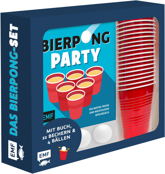 Das Highlight auf jeder Party! Gute Stimmung garantiert: ob für den gemütlichen Abend mit Freunden, die Gartenparty, Junggesellenabschiede oder Firmenfeste – Bierpong ist das Partyspiel No. 1! Das Set mit den original roten Bierpong-Bechern und Ping-Pong-Bällen zum Sofort-Loslegen ist das Highlight auf jeder Party. Mit den wichtigsten Spielregeln und praktischen Tipps – von der Wurfvorbereitung bis zur Flugkurve – für noch mehr Spaß beim Bierpong.