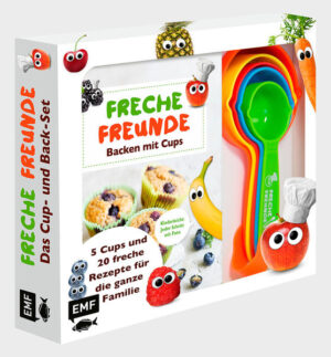 Backspaß mit den Cups der Frechen Freunde Keine Frage, Kinder lieben Süßes! Und das stellt alle backbegeisterten Mamas, Tanten und Omas vor Herausforderungen: Die Rezepte sollten nicht zu süß und möglichst auch noch gesund sein. Die Essgewohnheiten von Kindern positiv zu beeinflussen und schon die Kleinsten zu großen Obst- und Gemüsefans machen - das ist die Mission der Marke "Freche Freunde". Bekannt geworden ist das Start-Up durch die VOX-Sendung "Die Höhle der Löwen", ihre Kindersnacks mit den lustigen Kulleraugen kennt heute jeder. Mit ihrem Backset wollen die Frechen Freunde ihre Mission weiter voranbringen: Backen macht Spaß und ist für Groß und Klein der ideale Weg, sich schon früh mit gesunder Ernährung auseinanderzusetzen. Und mit den Cups ist es jetzt noch einfacher, dass die Kleinen gleich mithelfen und so spielend an die gesunde Ernährung herangeführt werden. Die 5 Cups in unterschiedlichen Größen und Farben tauchen bei jedem Rezept, Kinder gelingt es dadurch ganz einfach, Zutaten abzumessen. Alle Rezepte sind Schritt für Schritt bebildert, so kann gar nichts mehr schief gehen Die 20 süßen Rezepte von Kims frechen Kokosriegeln, Eddas Käsekuchen mit Erdberen und Rosas Milchbrötchen mit Rosinen schmecken, sind dabei aber gesund. Mit jeder Menge frecher Tipps von Alfred Apfel, Bob Banane, Karl Karotte und Co. wird das Backen jetzt kinderleicht!