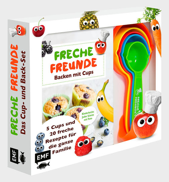 Backspaß mit den Cups der Frechen Freunde Keine Frage, Kinder lieben Süßes! Und das stellt alle backbegeisterten Mamas, Tanten und Omas vor Herausforderungen: Die Rezepte sollten nicht zu süß und möglichst auch noch gesund sein. Die Essgewohnheiten von Kindern positiv zu beeinflussen und schon die Kleinsten zu großen Obst- und Gemüsefans machen – das ist die Mission der Marke "Freche Freunde". Bekannt geworden ist das Start-Up durch die VOX-Sendung "Die Höhle der Löwen", ihre Kindersnacks mit den lustigen Kulleraugen kennt heute jeder. Mit ihrem Backset wollen die Frechen Freunde ihre Mission weiter voranbringen: Backen macht Spaß und ist für Groß und Klein der ideale Weg, sich schon früh mit gesunder Ernährung auseinanderzusetzen. Und mit den Cups ist es jetzt noch einfacher, dass die Kleinen gleich mithelfen und so spielend an die gesunde Ernährung herangeführt werden. Die 5 Cups in unterschiedlichen Größen und Farben tauchen bei jedem Rezept, Kinder gelingt es dadurch ganz einfach, Zutaten abzumessen. Alle Rezepte sind Schritt für Schritt bebildert, so kann gar nichts mehr schief gehen Die 20 süßen Rezepte von Kims frechen Kokosriegeln, Eddas Käsekuchen mit Erdberen und Rosas Milchbrötchen mit Rosinen schmecken, sind dabei aber gesund. Mit jeder Menge frecher Tipps von Alfred Apfel, Bob Banane, Karl Karotte und Co. wird das Backen jetzt kinderleicht!