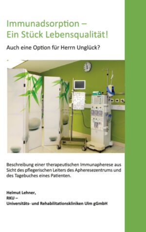 Immunadsorption - Ein Stück Lebensqualität! Auch eine Option für Herrn Unglück? Dieses Buch schildert die Behandlung einer Immunadsorptionstherapie wie sie im Apheresezentrum der RKU- Universitäts- und Rehabilitationskliniken gGmbH in Ulm mehrfach täglich durchgeführt wird. Der Autor schildert in diesem Werk aus seiner Sicht die Standards und Vorgehensweisen des Neurologischen Apherese- und TherapieZentrums (NATZ) in Ulm. Auch werden in diesem Werk Empfindungen und emotionale Gefühle der Patienten der täglichen Arbeit und den Prozeduren gegenübergestellt. Das Buch soll allen Patienten, die vor einer Entscheidung stehen eine Apheresetherapie zu bekommen, eine Entscheidungshilfe sein und Mut zu diesem Schritt geben. Das Buch soll ärztlichen Kollegen ein Leitfaden sein, um ihre Patienten auf eine Behandlung mit diesen Verfahren adäquat vorzubereiten. Das Werk soll pflegerischen Kollegen anderer Krankenhäuser bzw. Abteilungen zeigen, wie wir in Ulm diese anspruchsvollen Behandlungen durchführen.