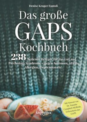 Mit der GAPS-Diät chronische Krankheiten heilen - wie dies möglich ist zeigt uns Denise Krüger Fantoli in ihrem großen GAPS Kochbuch. Anhand von 238 Rezepten lässt sich das legendäre Ernährungsprogramm einfach und nachhaltig im Alltag umsetzen. Das Kochbuch baut auf der revolutionären Forschung von Dr. Natasha Campbell-McBride zum Gut and Psychology Syndrome (GAPS) auf. Bereits seit 20 Jahren erforscht die Neurologin und Ernährungswissenschaftlerin den Zusammenhang von psychischen Störungen, unserer Ernährung und dem Verdauungssystem. Kruger Fantoli lebte gemeinsam mit ihrer Familie drei Jahre lang nach der therapeutischen GAPS-Diät und stellte dabei beeindruckende gesundheitliche Fortschritte bei allen Familienmitgliedern fest. Daher macht sie die GAPS-Diät ausdrücklich auch Kindern schmackhaft. Alle Rezepte - von der Knochenbrühe über die Lamm-Tajine mit Feigen bis hin zum Birnen-Ingwer-Kuchen - sind leicht und schnell umsetzbar. Der Leser merkt sofort, dass die Autorin aus eigener Erfahrung schreibt. Er bekommt detaillierte Informationen zur Bedeutung von Omega-3- und Omega-6-Fettsäuren, Probiotika und Nahrungsergänzungsmitteln für die gesunde Ernährung. Ausgewählte Rezepte sind reich bebildert, wodurch man sofort Lust bekommt, selbst den Kochlöffel zu schwingen. Gleichzeitig steckt das Buch voller Ideen, wie man die GAPS-Diät auch im Urlaub beibehält oder besondere Festtage kulinarisch gestaltet. Außerdem widmet sich Kruger Fantoli speziellen Fertigkeiten, wie man beispielsweise Sauerkraut, Kefir oder sogar Fisch fermentiert. Das große GAPS-Kochbuch richtet sich an alle, die an psychischen und physischen Erkrankungen leiden, deren Ursache im Darm zu suchen ist. Dazu zählen Autismus, ADHS, Depressionen, Schizophrenie, Zwangs- und Verhaltensstörungen und Panikattacken genauso wie Allergien, Asthma, HNO-Erkrankungen, Gelenk- und Muskelschmerzen, Nahrungsmittelunverträglichkeiten und Autoimmunerkrankungen wie Multiple Sklerose, Zöliakie, rheumatoide Arthritis, Diabetes oder Morbus Crohn. Mit ihrem großen GAPS-Kochbuch gibt Kruger Fantoli allen Patienten eine Perspektive, die nach einem ganzheitlichen Heilungsweg suchen und dabei selbst aktiv werden wollen. „Die Gerichte sind köstlich und die Abbildungen großartig. Ich lege dieses Buch jedem ans Herz, der auf der Suche nach Heilung einer chronischen physischen oder psychischen Erkrankung ist.“ - Dr. Natasha Campbell-McBride