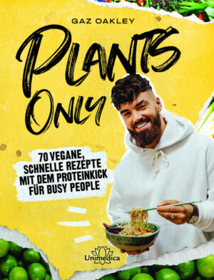 Für sein neuestes Kochbuch Plants Only hat der vegane Starkoch Gaz Oakley 70 wahre Geschmacksexplosion kreiert. Und nicht nur das: Der sympathische Brite konzentriert sich auf Gerichte für einen modernen, urbanen Lifestyle, mit dem auch busy people blitzschnell den extra Proteinkick bekommen. Ein übersichtliches Symbolsystem zeigt die Besonderheiten des jeweiligen Gerichts auf: - Rezepte mit hohem Proteingehalt: Für mehr Power im Alltag und beim Sport - Ultraschnell nachzukochen: Mit Kochzeiten von unter 15 Minuten - Meal Prepping und Batch Cooking: Der neue Trend zum Vorkochen für die Arbeit - One-Pot-Gerichte: Zubereitung mit nur einem Topf Seit dem riesigen Erfolg seines ersten Buchs Vegan 100 ist Gaz Oakley in aller Munde. Auch in Plants Only hat der vegane Superstar trotz des Fokus auf schnelle Rezepte wieder Extravagantes auf Lager: Denn wer erwartet schon BBQ-„Hack“braten oder scharf-fruchtigen indischen Hähnchencurry-Pie in einem rein pflanzlichen Kochbuch? Und wem läuft nicht bei süß-scharfem Kochbananen-Salat oder Tofu-Snacks mit Erdnusskruste das Wasser im Mund zusammen? Die brandneuen Rezepte werden von authentischen Food-Fotos des Autors perfekt in Szene gesetzt. Mit diesen Gerichten hauen Sie garantiert jeden vom Hocker. Ich diskutiere nicht mit Nicht-Veganern, ich koche für sie. Wenn du jemandem einen Teller hinstellst, egal ob das Gericht vegan ist oder nicht, und es gut schmeckt, dann werden sie es genießen. Gaz Oakley im Noizz Magazin