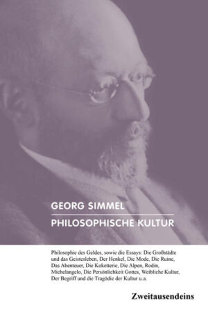 Philosophische Kultur. Georg Simmel war der Star unter den Denkern seiner Zeit. Ohne ihn hätten Kurt Tucholsky, Siegfried Kracauer, Ernst Bloch, Walter Benjamin und Theodor W. Adorno anders gedacht und geschrieben. In seinem Hauptwerk, der „Philosophie des Geldes“, das „als Kulturtheorie des voll entfalteten Kapitalismus die Arbeiten Max Webers in den Schatten stellt“ (FAZ), fragt Simmel, was die moderne Geldwirtschaft aus den Menschen gemacht hat. Aus dem Philosophie des Geldes, Die Großstädte und das Geistesleben, Der Begriff und die Tragödie der Kultur u.a. Mit einem Text von Jürgen Habermas. 1.148 Seiten. Broschur. Nur bei uns.