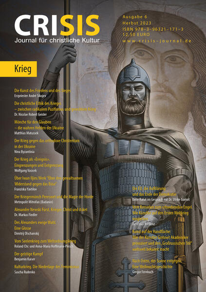 … Während der Göttlichen Liturgie beten die orthodoxen Geistlichen stets „für den Frieden der ganzen Welt“. Doch kurz darauf fordern sie uns auf: „für unser Land und Volk und für alle, die es regieren und beschützen, lasst uns beten zum Herrn“. Wie können Christen für den Frieden und gleichzeitig auch für die Streitkräfte beten? Ist das nicht ein Widerspruch? In dieser Ausgabe betrachten wir die christlich-orthodoxen Standpunkte über den Krieg, ein kontroverses Thema in unserer heutigen kriegerischen Zeit. Wenn wir von Krieg sprechen, dann müssen wir vorab klarstellen, dass es unterschiedliche Arten von Kriegen gibt. „Du sollst nicht töten“, heißt es im 6. Gebot des Mose, und entsprechend verurteilt die Orthodoxe Kirche grundsätzlich den Krieg. Wenn Krieg und Gewalt gegen die Gebote des Herrn verstoßen, kann es dennoch unter bestimmten Bedingungen Ausnahmen geben? Gibt es einen gerechten Krieg, ein Recht auf „gewaltsamen Widerstand gegen das Böse“-so das Werk des orthodoxen Philosophen Iwan Iljin? Ist es unsere moralische Pflicht, unser Land zu verteidigen, wenn es bedroht ist? Der Hl. Athanasius der Große (ca. 300-373) erklärt, dass es zwar nicht erlaubt sei, jemanden zu töten (vgl. Ex 20,13), setzt dem aber die aus seiner Sicht gar nicht kritikwürdige moralische Überzeugung seiner Zeit entgegen, derzufolge „im Kriege die Gegner zu erschlagen, nicht nur von dem Gesetze erlaubt, sondern auch lobenswürdig“ sei („Brief an den Einsiedler Amun“). CRISIS nähert sich diesen Fragen-wie auch bereits zuvor bei anderen wichtigen Themen-nicht über die ausgetretenen, politisch korrekten Wege, sondern geht die Angelegenheit wie gewohnt sehr direkt und von verschiedenen Seiten an.