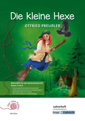 Mit Otfried Preußlers Die kleine Hexe startet der Krapp & Gutknecht Verlag eine neue Reihe mit Materialien für den Deutschunterricht Klasse 3 und 4: Der rote Faden. Der rote Faden verbindet dabei im wörtlichen Sinn von den Lernenden gebastelte und ausgefüllte Erinnerungskärtchen als Weg durch die Geschichte. Die Schülerinnen und Schüler erstellen sich so haptisch, individuell und kreativ ihren eigenen roten Faden durch das Buch, der in einer selbst gestalteten Lesebox aufbewahrt wird. Im übertragenen Sinn bieten die bunt illustrierten und liebevoll altersgerecht gestalteten Materialien mit dem roten Faden auf über 112 Seiten vielfältige Möglichkeiten für fächerübergreifende Projekte, indem künstlerische, handwerkliche Fähigkeiten, aber auch Textverständnis, Lesestrategien, der kreative und spielerische Umgang mit Sprache und das Verständnis der Grammatik gefördert werden. Die Lektüre kann so als Projekt oder über mehrere Unterrichtseinheiten gestaltet werden. Dabei ist es zur Differenzierung möglich, einzelne Lesebegleitaufgaben auszuwählen oder/und sich mit den vielen Illustrationen des Heftes eigene Arbeitsblätter zu gestalten. Ergänzt werden die Materialien durch einen umfangreichen Download von 85 Seiten, in dem die Lesebegleitaufgaben, Bastelanleitungen als PDF zum Ausdrucken und weiteres mehr zu finden sind. Mit unserem Lehrerheft Die kleine Hexe von Otfried Preußler ist die Unterrichtsvorbereitung kein Hexenwerk: Durch kreative Aufgaben, methodisch- didaktische Hinweise, Arbeitsblätter und Kopiervorlagen dient das Unterrichtsmaterial als Leitfaden für einen handlungsund produktionsorientierten Deutschunterricht. Das Lehrerheft enthält das Konzept der Lesebox und des roten Fadens Erläuterungen zur Bedeutung des Lesens für Kinder didaktische Hinweise zur Arbeit mit der Lektüre eine ausführliche Inhaltsangabe Überblick über Symboliken und Themen Hintergrundinformationen zu Autor und Werk kreative Aufgabenstellungen zur Förderung des spielerischen Umgangs mit Sprache vielfältige, auch fachübergreifende Aufgaben Kopiervorlagen aller Lesebegleitaufgaben – im Heft und im Downloadbereich Bastelanleitungen zu Lesebox, Erinnerungskärtchen und rotem Faden – im Heft und im Downloadbereich ausführliche Lösungen und Anregungen zu sämtlichem Arbeitsmaterialzahlreiche liebevolle Illustrationen als Kopiervorlagen zur Gestaltung eigener Arbeitsblätter Es war einmal eine kleine Hexe, die war erst einhundertsiebenundzwanzig Jahre alt … Obwohl die kleine Hexe sechs Stunden am Tag das Hexen übt, will es noch nicht so recht klappen. Von den großen Hexen wird sie deshalb nicht für voll genommen und verspricht vor dem Hexenrat, übers Jahr eine gute Hexe zu werden. Doch was ist eine gute Hexe? Eine, die immerfort Gutes hext – das jedenfalls rät der kleinen Hexe ihr weiser Rabe Abraxas. Der Hexenrat ist da ganz anderer Meinung. Doch wer zuletzt lacht ... Die kleine Hexe von Otfried Preußler ist ein fantastisches Werk, das beim Lesen zum Nachdenken anregt. Allen voran steht die Frage: Was ist gut, was ist böse? Liebevoll erzählt Preußler kurze Geschichten aus dem Leben der kleinen Hexe, die sich stetig mit dieser Frage auseinandersetzt und dabei Stück für Stück in sich wächst, zunehmend Verantwortung übernimmt und erwachsen wird. In einer einfachen, aber dennoch bunten Sprache verpackt der Autor so viele wichtige Themen, die mit Kindern wunderbar besprochen werden können. Als separaten Artikel bieten wir auf unserer Homepage die fertige Lesebox inklusive 22 Erinnerungskärtchen, bereits gedruckt im handlichen DIN A6 Format an. Zusätzlich enthalten ist ein Stickerbogen, welchen Sie frei und kreativ, bspw. als Belohnungssystem einsetzen können. Dieses Produkt ist auch als PDF Lehrerheft Die kleine Hexe erhältlich.