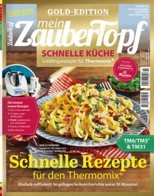 mein ZauberTopf GOLD-EDITION „Schnelle Küche“ Die 60 besten schnellen Rezepte für dich und deinen Thermomix®! Ab sofort kannst du jeden Tag noch schneller und noch besser mit deinem Thermomix® kochen Ob zum Frühstück, zum Mittag, zum Abendessen oder einfach Zwischendurch: Mit der mein ZauberTopf GOLD-EDITION „Schnelle Küche“ sparst du noch mehr Zeit im Alltag! Nur für kurze Zeit und limitiert: Die GOLD-EDITION „Schnelle Küche“ ist jetzt und nur für kurze Zeit im Handel erhältlich oder kann hier bestellt werden: www.shop.zaubertopf.de Die Highlights dieser Ausgabe • Schnelle Puffer, Pasta und Frikadellen • Ratz-Fatz-Mittagessen in unter 35 Minuten • Blitz-Desserts für Gäste • Die besten Tricks zum Zeitsparen beim Einkaufen, Vorbereiten und kochen • Sammelkarte für 7 Frühstücksideen in 5 Minuten • handliches Kochbuch-Format Verpasse nicht die Chance auf die schnellsten Rezepte für deinen Thermomix® und bestelle jetzt die GOLD-EDITION Schnelle Küche gleich hier - auch als PDF-Sofort-Download! Viel Spaß beim schnellen Kochen und Backen wünscht dein Team der „mein ZauberTopf“