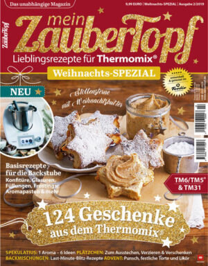 Über 100 süße Backrezepte für den Thermomix® in Form von Klassikern und neuen Kreationen versüßen euch mit der neuen mein ZauberTopf die Weihnachtszeit! In dem neuen mein ZauberTopf Weihnachts-SPEZIAL findet ihr 124 Rezepte, die euch die schönste Zeit des Jahres versüßen. Entdeckt viele kreative und köstliche Rezepte von Stollensternen mit Weihnachtsbutter bis zu edlen Torten für die Kaffeetafel. Wir haben für euch die besten Geschenke aus der Küche zusammengestellt: von einfachen Plätzchen, über schnelle Backmischungen bis hin zu süßen Konfitüren und Gelees. Zusätzlich bekommt ihr wertvolle und hilfreiche Basisrezepte für die Backstube, die mit dem Thermomix® ganz einfach gelingen. Entdecke in dieser Ausgabe: Tolles zum Verschenken - Zauberhafte Sternenkekse Klassiker neu interpretiert - Spekulatius: 1 Aroma - 6 Ideen Perfekter Adventssonntag - Festliche Torten, die garantiert gelingen Back-Basics und Ratgeber: - Blitzschnell gemixt von Baisermasse bis Zuckerguss Die mein ZauberTopf-Redaktion wünscht euch eine tolle Weihnachtszeit!