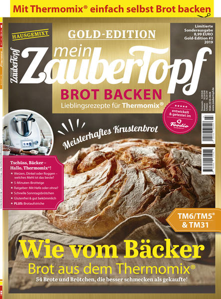 Köstliche Brote wie vom Bäcker? In unserer neuen GOLD-EDITION findet ihr 54 tolle Rezepte für Brote und Brötchen aus dem Thermomix®, die garantiert besser schmecken als gekaufte. Mit dabei sind die besten Brotklassiker, ausgefallene Party-Brote, luftiges Hefegebäck und vieles mehr. Entdecke die 8 Rubriken dieser Ausgabe: Klassiker wie vom Bäcker | Köstliche Frühstücksbrötchen | Kräftige Brote mit Würze | Glutenfreie Brote und Brötchen | Partybrote für Gäste | Luftiges Hefegebäck | Die besten Brote | Pikante Aufstriche Ratgeber und Tipps fürs Brot backen: Mehltypen auf einen Blick | Schnelle Brotteige | Glutenfreie Mehle selbst herstellen | Mixen, backen und lagern | Der große Hefe-Ratgeber | Sauerteig selbst ansetzen Mit dabei: Unsere doppelseitige Sammelkarte mit raffinierten Rezepten, um mit dem Thermomix® aus Brot vom Vortag besondere Leckereien zu machen. Die mein ZauberTopf GOLD-Edition ist ein perfekter Sammelband für alle, die nicht genug bekommen können von einfach schnellen und köstlichen Gerichten!