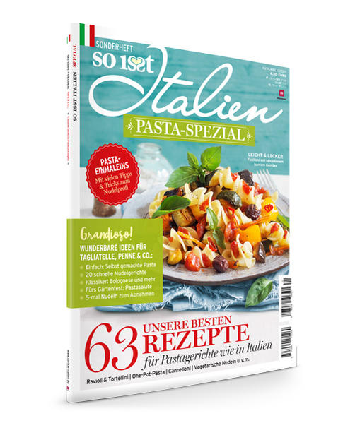 Was ist wirklich traditionell italienisch und schmeckt allen? Pasta natürlich! Deswegen widmet sich das neue Sonderheft ganz allein diesem köstlichen Exportschlager. Von ganz klassischen Gerichten wie Rigatoni alla Norma, Spaghetti alla Carbonara und Penne all’arrabiata bis hin zu kunstvollen Pastagerichten und sättigenden Speisen für Gäste. Auch gesunde Pasta bleibt nicht aus! Zusätzlich gibt es viele Ratgeber, die rund ums Pasta Kochen informieren und Tipps und Tricks für perfekte Soßen. Freuen Sie sich auf 63 grandiose Pasta-Rezepte!