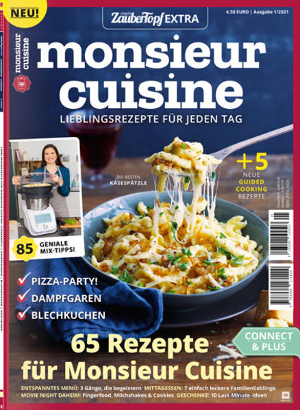 Das EXTRA für Monsieur Cuisine Das mein ZauberTopf EXTRA mit Rezepten speziell für den Monsieur Cuisine enthält exklusiv Rezepte, Tipps und Tricks für die Modelle Connect und Édition Plus. Das Premium-Magazin mit 84 Seiten und über 65 Rezepten bringt jetzt frischen Wind in deine Küche! In dieser Erstausgabe lernst du die Funktionen deines Küchenhelfers so richtig kennen und wirst Schritt für Schritt zum Mix-Profi! Backe die beste Pizza mit himmlisch luftigem Hefeteig und pikanter Soße - natürlich einfach selbst gemacht. Zaubere eines von sieben schnellen Mittagsgerichten und staune, wie einfach der Monsieur es dir macht! Außerdem dabei: 10 Geschenkideen aus dem Mixtopf, mit denen du Familie und Freunden eine Freude bereiten kannst, saftige Blechkuchen mit Streuseln, geniales Fingerfood für den Kinoabend daheim und noch viel mehr! Das Beste: Alle Rezepte sind speziell an die Funktionen der beiden Modelle angepasst. So kannst submixen, kochen, braten, dämpfen und backen - ganz einfach und immer lecker. Mit dabei: geniale Hacks und Tricks, wie du mit deiner smarten Küchenmaschine von Lidl noch schneller zum perfekten Ergebnis kommst!