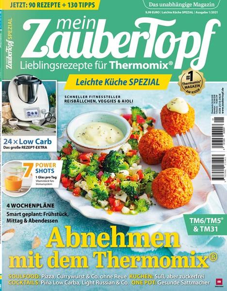 Endlich da: Das neue mein ZauberTopf SPEZIAL „Leichte Küche“ mit über 90 Rezepten zum Abnehmen und Wohlfühlen! Starte mit dem Thermomix® leicht und gesund ins neue Jahr. Wir mixen schnelle All-in-One-Gerichte mit Low-fat- und Low-Carb-Zutaten, backen gesunde Brote, mixen vitaminreiche Powershots und bereiten köstliches Frühstück zu, das satt und glücklich macht. Außerdem haben wir die perfekten Ideen für das Snacken abends auf dem Sofa, das Naschen zwischendurch oder die Lust auf Kuchen zur Kaffeezeit. Finde hier die besten Rezepte und schlemme genialen Käsekuchen, Schokocrossies und softe Muffins - ohne schlechtes Gewissen! Highlights ● Großes Extra: Abnehmen mit 24 Low-Carb-Rezepten für morgens, mittags und abends ● Immunabwehr stärken: 7 Powershots mit Ingwer, Zitrone und Co. ● Statt vom Kiosk: Pizza, Ketchup, Mayo & Co. einfach gesund selbst gemixt ● Snacken ohne Reue: Süßes und Salziges für zwischendurch ● PLUS: 4 fertige Wochenpläne mit leichten Rezepten für jeden Tag