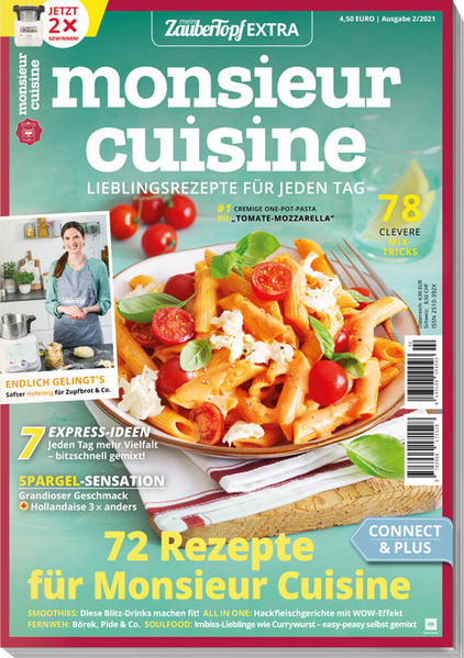 Produktinformationen “mein ZauberTopf EXTRA Monsieur Cuisine”Das mein ZauberTopf Extra speziell für den Monsieur Cuisine enthält Rezepte und Mix-Tricks für die Modelle Connect und Édition Plus. Das Premium-Magazin mit 84 Seiten, über 72 Rezepten und 78 Tipps bringt Spaß und Abwechslung in deine Küche!In dieser Ausgabe lernst du die Vorzüge und Möglichkeiten, die dir dein Küchenhelfer bietet noch besser kennen und wirst Schritt für Schritt zum Mix-Profi! Koche herrlich leichte Frühlingsgerichte mit frischem Gemüse, Hähnchen oder Lachs. Zaubere eines von sieben schnellen Mittagsgerichten und staune, wie einfach der Monsieur es dir macht! Außerdem dabei: grandiose Spargel-Ideen aus dem Mixtopf, mit denen du deine Lieben so richtig beeindrucken kannst, blitzschnell gemixte Smoothies, die deinen Körper im Nu auf Trab bringen, geniale All-in-One-Hackfleischgerichte und noch viel mehr! Das Beste: Alle Rezepte sind speziell an die Funktionen der Modelle Connect und Édition Plus angepasst. So kannst du mixen, kochen, braten, dämpfen und backen - einfach, gelingsicher und immer lecker! Mit dabei: wertvolle Tipps von unseren Mix-Experten, die dir praktische Handgriffe für deine Küchenmaschine von Lidl verraten. So geht’s noch schneller zum perfekten Ergebnis.