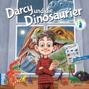 Ein Bildertaschenbuch mit DIN A3 Dinosaurier- Poster für alle Dino- Fans EIN KEKS, EINE ZEITMASCHINE UND DINOSAURIER DAS ABENTEUER KANN BEGINNEN! Das Dinosaurier- Kinderbuch Während sich Darcy des Nachts in die Küche schleicht, um einen Keks zu stibitzen, hört er ein seltsames Geräusch aus dem Gemüsegarten seiner Mutter…und was er dort entdeckt, wirft ihn in ein wildes Abenteuer! Eine Zeitmaschine bringt ihn zurück in die Welt der Dinosaurier, die ihn auch sehr interessant finden….auf die eine oder andere Art… Er fliegt und fällt, er fühlt sich wie ein Riese und wie eine Ameise, als er plötzlich einem echten Tyrannosaurus Rex gegenübersteht!