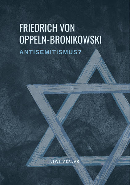 "Es gibt freilich Leute, die ,die Juden' nur in Verbindung mit einem Totenkopf sehen. Nach ihnen ist unser Volk so schwach und bestimmbar, daß es dem jüdischen Einfluß wehrlos unterliegen muß, wenn ihm nicht ein Damm entgegengesetzt wird. Merkwürdig nur, daß diese Befürchtung gerade aus stark national betonten Kreisen kommt! Ist man denn gerade hier des eigenen Volkstums so wenig sicher, und kann man sich nur durch möglichst hermetische Abschließung vor ,Vergiftung' schützen?" (Friedrich von Oppeln-Bronikowski, S. 43 in diesem Buch) Das Buch "Antisemitismus?" des Schriftstellers Friedrich von Oppeln-Bronikowski (1873 bis 1936) wurde Anfang des Jahres 1920 verfasst und erschien noch im selben Jahr in zwei Auflagen. Von Oppeln-Bronikowski entstammt einer preußischen Offiziersfamilie und schlug zunächst ebenfalls eine militärische Laufbahn ein. Erst nachdem er aufgrund eines Reitunfalls seine Karriere nicht fortsetzen konnte, studierte er in Berlin Philosophie, Romanistik und Archäologie. In Folge dessen übersetze er zahlreiche Autoren aus dem Französischen ins Deutsche, hierzu zählen etwa Anatole France, Honoré de Balzac oder Guy de Maupassant. Zudem führte er ein Leben als freier Schrifsteller und veröffentlichte Novellen und Romane. Als Konservativer mit nationaler Gesinnung war er zunächst Mitglied der Deutschnationalen Volkspartei (DNVP), aufgrund seiner Schriften gegen den Antisemitismus wurde er jedoch aus der Partei ausgeschlossen, nach 1933 wurden sie verboten. Lange vergriffen liegt seine humanistisch-konservative Schrift "Antisemitismus? Eine unparteiische Prüfung des Problems" nun in einer ungekürzten Neuausgabe wieder vor. Friedrich von Oppeln-Bronikowski. Antisemitismus? Eine unparteiische Prüfung des Problems. Erstdruck: Deutsche Verlagsgesellschaft für Politik und Geschichte, Charlottenburg, 1920. Durchgesehener Neusatz, der Text dieser Ausgabe folgt der zweiten Auflage, ebd. Gebundene Ausgabe-Hardcover-mit Lesebändchen. Vollständige Neuausgabe, LIWI Verlag, Göttingen 2021. LIWI Literatur- und Wissenschaftsverlag