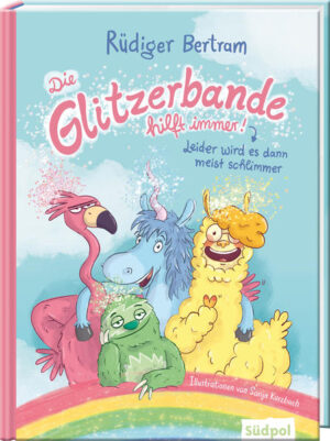 Ein großer, verrückter Spaß für Einhorn- Fans und alle, die es niemals werden wollten! Die Glitzerbande mit Einhorn Ella, Flamingo Felix, Lama Luna und Faultier Franz findet sich selbst richtig super. Schließlich sind sie die Retter der Kinder! Sobald ein Kind in Not ist, rast die Glitzerbande los, herunter vom Regenbogen, auf dem die vier wohnen, und dorthin, wo Hilfe gebraucht wird. Leider stellen sich die vier dabei nicht immer sonderlich geschickt an ... „Hätten wir im Kaufhaus nicht alles durcheinandergebracht, hätten uns die Verkäuferinnen nicht gejagt und dann hätte ich Kai nicht auf meinen Rücken genommen und dann hätte er seine Eltern vielleicht niemals gefunden“, sagt Ella. „Das haben wir toll gemacht.“