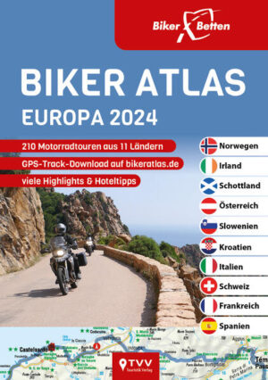 210 Touren in 11 Ländern: Dieser BikerAtlas lockt euch in die spannendsten Motorradregionen der Alpen und nach Süd- & Nordeuropa. Er bietet Inspirationen für Österreich, Schweiz und Italien sowie Kroatien, Slowenien, Frankreich, Spanien, Norwegen, Irland und Schottland. Die empfohlenen Touren sind jeweils übersichtlich dargestellt. Jede Route ist auf einer eigenen Tourenkarte eingezeichnet und mit einem kurzem Roadbook versehen. Informationen über attraktive Sehenswürdigkeiten sowie eine motorradfreundliche Übernachtungsempfehlung runden die Tourentipps jeweils ab. Die Etappen sind so angelegt, dass sie entweder als Halbtages- oder Tagestrip gefahren werden können. Außerdem sind sie für diejenigen, die mehr Zeit haben, miteinander kombinierbar. Dazu gibt es jeweils Informationen zu passenden BikerBetten-Partnerhotels. Deren Häuser sind perfekt auf die Ansprüche Motorradfahrender Gäste ausgerichtet. Zum Schluss der besondere Clou: Unter www.bikeratlas.de könnt Ihr alle Routen kostenlos herunterladen.