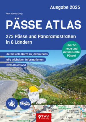 275 der schönsten Alpenpässe und Panoramastraßen sind im neuen Pässe Atlas 2025 enthalten, darunter bekannte Größen und verborgene Schätze. Diese erweiterte Auflage bietet nicht nur Motorrad-Reisenden eine noch größere Auswahl an Pässen und Panoramastraße in Deutschland, Österreich, der Schweiz, Slowenien, Norditalien und den französischen Alpen. Neben präzisen Karten und GPS-Daten enthält der Atlas nützliche Infos und Highlights zu jeder Strecke. Dieses Standardwerk ist ein Muss für jeden Pässeliebhaber, der die Vielfalt der Alpenpässe erleben möchte. Der Pässe Atlas 2025 vereint 275 Pässe in 6 Ländern und bietet euch: * Übersichtliches Kartenmaterial mit eingezeichneter Route * praktische Hinweise zur Streckenlänge, Charakteristik, Länge, Scheitelhöhe, Steigung und Wintersperren * Aktuelle Mautpreise * beliebte Attraktionen am Wegesrand – nicht nur für Motorradfans * GPX-Daten zum Download * 416 Seiten durchgehend 4-farbige Seiten * Softcover