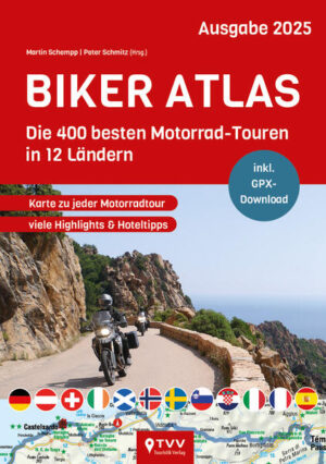 Der Biker Atlas 2025 erstrahlt in einem neuen Look und bietet erstmals über 400 sorgfältig ausgearbeitete Touren aus Deutschland und Europa. Und er ist interaktiv! Hier die Features und alle enthaltenen Länder: * Über 400 Motorradtouren * Jede Tour mit übersichtlicher Karte * RoadBook und Basis Infos zu jeder Strecke * QR-Code zum GPX-Download und kommentieren * Viele motorradfreundliche Hotels und Pensionen * 384 Seiten, durchgehend vierfarbig * Soft Cover Diese Länder sind enthalten: * Deutschland * Österreich * Schweiz * Slowenien * Kroatien * Italien * Frankreich * Spanien * Irland * Schottland * Norwegen * Schweden Jede Tour wird mit Karte detailliert präsentiert, kombiniert mit einem frischen, modernen Design, das das Lesen und Planen noch angenehmer mach. Der Biker Atlas ist interaktiv! Neu in dieser Ausgabe ist der integrierte QR-Code für jede Tour, der direkten Zugriff auf GPX-Daten ermöglicht. So können Routen einfach heruntergeladen, nachgefahren und sogar mit eigenen Kommentaren versehen werden. Außerdem bietet der Atlas eine interaktive Plattform, auf der sich Biker über ihre Erfahrungen austauschen und Tipps von anderen Motorrad Reisenden zu Nutze machen können. Wie gewohnt, sind die Routen mit einem kurzen Roadbook, Infos zu attraktiven Sehenswürdigkeiten und Empfehlungen für motorradfreundliche Unterkünfte angereichert. Die Routenlängen variieren zwischen 130 und über 300 Kilometern, ideal für Halbtages- oder Ganztagestouren und sogar für längere Reisen kombinierbar. Informationen zu BikerBetten-Partnerhotels, die speziell auf die Bedürfnisse von Motorradfahrenden abgestimmt sind, runden das Angebot ab.