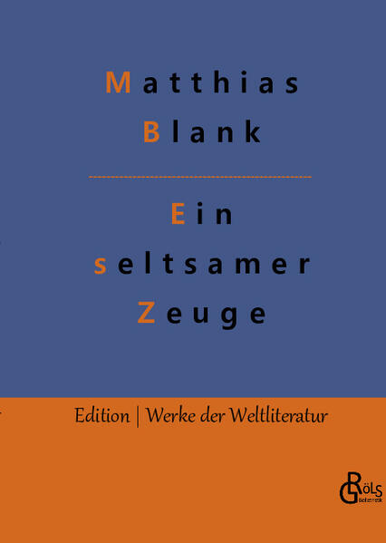 "Ein Krimi im Deutschland der vorletzten Jahrhundertwende. Spannend geschrieben von Matthias Blank, dem Kriminal-Autor seiner Zeit. "Kommissar Steinherz saß in seinem Bureau und ließ die Feder für einen Augenblick ruhen, als Gehhart durch die Tür hereinstürmte, fast atemlos, und an Stelle jeglicher Begrüßung seine photographische Aufnahme auf dem Tische des Kommissars niederlegte, der verwundert bald das Bild, bald den Überbringer anstarrte (...)" Auszug aus Ein seltsamer Zeuge." Redaktion Gröls-Verlag (Edition Werke der Weltliteratur)