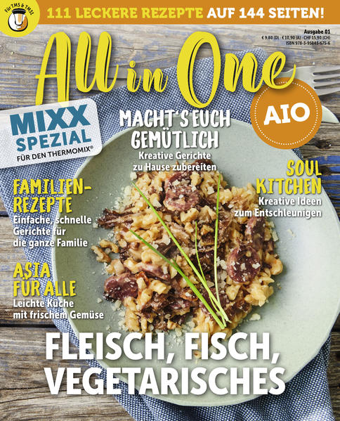 One-Pot Gerichte mit dem Thermomix® Rund 60 superleckere Rezepte für den Thermomix® enthält diese Spezial-Ausgabe der Zeitschrift MIXX. All in One heißt das Zauberwort. Einfach und unkompliziert, ganz schnell gekocht, ohne Geschirrberge zu produzieren, lecker und vielseitig. Für alle diejenigen unter Euch, die unter Zeitdruck hungrige Mäuler versorgen müssen, den Kopf nicht frei haben, um lange über Zubereitungen und Aromenkombinationen zu sinnieren, ist All in One - kurz A.i.O. - genau das Richtige. Egal, ob für Vegetarier/innen, Fleisch- oder Fischfans, für große und kleine Suppenkasper und Desserts für Leckermäuler: Mit diesem Buch spart Ihr Zeit, Nerven und Eure gute Laune für Dinge, die Euch mehr Spaß machen, als Pfannen, Töpfe und Schüsseln spülen. Denn beim All in One gart Fleisch oder Fisch und Gemüse aller Art im Varoma, während Kartoffeln oder Reis im Garkörbchen vor sich hin köcheln. Oder aber Ihr gebt alle Zutaten für eine tolle Sauce zusammen mit der Pasta in den Mixtopf und blitzschenll ist Euer Nudelgericht fertig. Ob cremig-scharfe Thai-Curry-Pasta oder Spargel-Zitronen-Risotto, ob Würstchen-Gulasch oder Rosmarin-Zitronen-Hähnchen, ob Thunfisch-Rigatoni oder Süßkartoffel-Erdnuss-Suppe - die kreativen und internationalen Rezeptideen sind gelingsicher und blitzschnell zubereitet und es ist garantiert für jeden Geschmack etwas dabei!