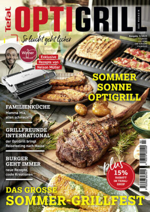 Das große Sommer-Grillfest Endlich da: Das neue OptiGrill-Magazin! Das neue „Optigrill-Magazin“ enthält einen bunten Strauß Tipps, Tricks und natürlich Rezepten für den beliebten OptiGrill. Starkoch Nelson Müller stellt seine Lieblingsrezepte für den Optigrill vor: Gefüllte Champignons mit Bulgur und Datteln, Tramezzini-Sandwich und Deutscher Döner - die drei Gourmet-Grillideen vom Sternekoch sind der perfekte Beitrag zur Optigrill-Party! Auch Optigriller Benni Hetterich nutzt mit seinem traumhaft leckeren Rezept für Schichtfleisch-Burger die Backschale für den Optigrill. Auch das XXL Tomahawk-Steak gelingt garantiert auf dem Optigrill! Dazu gibt es in dem 100 Seiten starken Magazin Getränke- und Aperitivo-Tipps, einen QR-Code zur Sommer-Grill-Playlist, einen 15% Rabattcode für den Tefal-Onlineshop, regionale und internationale Familien-Rezepte, vegetarische Gerichte und zum Abschluss viele Dessert-Rezepte - auch für die Heißluftfritteuse - und vieles mehr! Wir wünschen euch viel Freude und eine unvergessliche Grillparty mit dem offiziellen Magazin zum OptiGrill! - Das offizielle Magazin zum Tefal Verkaufsschlager OptiGrill - Mit exklusiven Rezepte von Nelson Müller und Benni Hetterich "Der OptiGriller" REZEPTE VON NELSON MÜLLER Gefüllte Champignons mit Bulgur und Datteln Deutscher Döner Gefülltes Tramezzini-Brot mit körnigem Frischkäse BENNI HETTERICH - DER OPTIGRILLER Kartoffelscheiben mit Tomatendip Gegrillte Champignons Schichtfleisch-Burger Kräuterbaguette-Hot-Dog GRILLFEST XXL-Tomahawk-Steak Grillsaucen: Mojo Rojo, Mojo Verde Kartoffeln mit Rosmarin und Honig Grillbrot Zuccini-Röllchen Luxus-Lachs Gegrillter Schweinebauch Maiskolben mit Kräuterbutter Berenjena del Sur - Gegrillte Aubergine Rauchige Soßen im Test Produktnews URLAUBSKÜCHE Gegrillter Tintenfisch Dubrovnik mit Djuvec-Reis Grigliata - Mediterrrane Fischplatte mit Fenchelgratin Hähnchengyros Fladenbrot mit Tsatsiki Sucuk-Sandwich Pollo Fino mit Feldsalat Das perfekte Kaltgetränk zum OPTImalen Grillgenuss APERITIVO LUNGO Garnelen a la plancha Alkoholfreie Sangría Bauernbrot-Sandwich Tortilla Oliven-Hackfleisch-Spieße Lillet pastèque Flammkuchen mit Ziegenkäse Jakobsmuscheln in Zitronenbutter Gegrillte Aubergine mit Pinien- und Granatapfelkernen Dattel-Parmesan-Speck-Häppchen Sbagliato Mozzarella in carrozza Antipasti di verdura Sommer-Grill-Playlist BURGER GEHT IMMER Tofu-BBQ-Burger mit glasierten Zwiebeln New York City Mega-Burger Tennessee Pork Barbecue-Burger Crispy Fish im Burger Stuffed Nacho Bacon-Burger FAMILIENKÜCHE Schwäbische Maultaschen Hähnchenfilet mit Kartoffelkruste Canneloni mit Ricotta und Spinat Kürbis-Auflauf Hackbraten in Tomatensauce Gyros-Auflauf Thessaloniki EINMAL "OHNE" BITTE: VEGETARISCH, VEGAN, LECKER! Magic Tortilla Knusprige Gemüsetaler Brokkoli-Curry-Auflauf Rote Linsen-Auflauf Gemüse-Burger Veggie Wonder Shakshuka KOPF HOCH, HIER KOMMT EIN DESSERT! Gegrillter Lamington-Ananasspieß Himbeer-Banane-Sandwich Heißluftfritteuse: Erdbeer-Rhabarber-Crumble Heißluftfritteuse: Ricotta-Pfirsich-Traum Heißluftfritteuse: Orangenkuchen OptiGrill - Das OPTImale Modell für jeden Anlass Programme, Zubereitungstipps, Kaufberatung