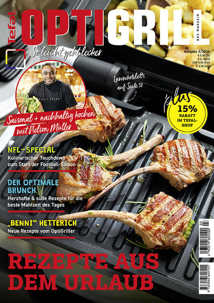 Endlich da: Das neue OptiGrill-Magazin! Die neue Ausgabe des OptiGrill-Magazins versorgt Euch mit der ganzen Bandbreite an unwiderstehlichen Gerichten frisch von der Grillplatte: Mit den besten Rezepten aus der Urlaubsküche könnt Ihr Euch entweder perfekt kulinarisch auf die nächste Reise einstimmen oder Eure Lieblingsgerichte aus dem Urlaubsland zuhause nachkochen und Euch so ein Stückchen Urlaubsglück auf den Teller zaubern. Das ist aber noch lange nicht das einzige Highlight: Auch die neue NFL-Saison steht vor der Tür, deshalb haben wir echte kulinarische Kracher aus den USA mit Touchdown-Garantie für Euch im Gepäck! Außerdem sind natürlich auch unsere beliebten Klassiker vertreten: die Rezepte vom OptiGriller Benni Hetterich sind und bleiben einfach eine Bank, für unsere Veggies ist ebenfalls gesorgt, der OptiGrill 4in1 glänzt mit seiner Vielseitigkeit und kreativen Gerichten und auf unsere Spieße kommen sowieso nur die besten Kombis und Eigenkreationen aus leckeren Zutaten. Neu mit dabei: die beste Mahlzeit des Tages, der Brunch! Süß, herzhaft, gemütlich und die optimale Ergänzung zu den Hauptgerichten aus unserer Familienküche. Nicht zuletzt darf natürlich Tefal-Ambassador und Sternekoch Nelson Müller nicht fehlen, der euch diesmal zwei fantastische vegetarische bzw. sogar vegane Rezepte präsentiert – was ganz Besonderes, unbedingt ausprobieren!