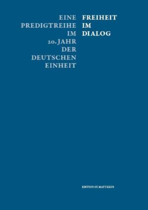 2009 hat im Rahmen der Feierlichkeiten zum 20. Jahrestag der Friedlichen Revolution die Dialogpredigtreihe "Freiheit im Dialog" in der St. Matthäus-Kirche in Berlin stattgefunden. Die 17 Dialogpredigten wurden nun in dem gleichnamigen Predigtband noch einmal zum Nachlesen zusammengefasst und um die künstlerischen Arbeiten der US-Amerikanischen Künstlerin Elizabeth Ferrill ergänzt. Entstanden ist eine hochwertige 160 Seiten starke und mit farbigen Abbildungen versehene Publikation. 22.11.2009 Dialogpredigt Käßmann & Noack 15.11.2009 Dialogpredigt Markschies & Gill 08.11.2009 Dialogpredigt Barth & Schröder 01.11.2009 Dialogpredigt Eppelmann & Gehrke 25.10.2009 Dialogpredigt Dorgerloh & Obert 18.10.2009 Dialogpredigt Göring-Eckardt & Schaede 11.10.2009 Dialogpredigt Thießen & Hilsberg 04.10.2009 Dialogpredigt Meister & Ueberschär 27.09.2009 Dialogpredigt von Kirchbach & Bahr 31.05.2009 Dialogpredigt Schorlemmer & Felmberg 24.05.2009 Dialogpredigt Moxter & Lehnert 17.05.2009 Dialogpredigt Filker & Kasparick 10.05.2009 Dialogpredigt Meckel & Neubert 03.05.2009 Dialogpredigt Slenczka & Krötke 26.04.2009 Dialogpredigt Bahr & Gauck 19.04.2009 Dialogpredigt Passauer & Thieme 12.04.2009 Dialogpredigt Huber & de Maizière Bestellungen über www.stiftung-stmatthaeus.de/publikationen