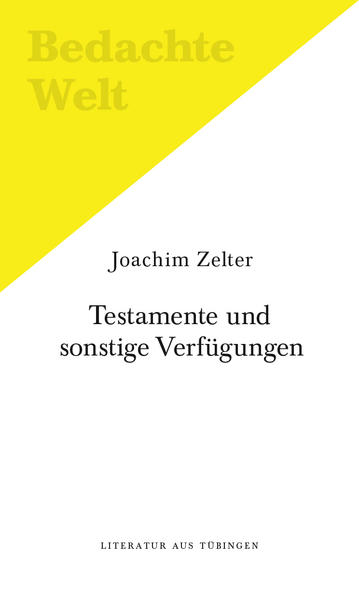 In welcher Stadt Armin Will zur Eröffnung des Testaments seines Onkels eingeladen wird, erfahren wir nicht. Wir erfahren auch nicht, wo die Kanzlei Manstein & Co. ihren Sitz hat, in der Herr Manstein Armin Will mit dem letzten Willen seines Onkels bekannt gemacht wird. Wir erfahren jedoch schon auf den ersten Seiten dieses uns magisch anziehenden Textes, dass auch uns solch ein Erbe zu schaffen machen würde. Der Tübinger Autor Joachim Zelter beweist abermals, dass er novellenhaft gesellschaftliche Situationen erzählerisch zuspitzen kann, was Abgründiges nicht ausschließt.