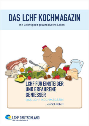 Bei allen Rezepten sind die Nährwerte angegeben, die Energieverteilung und die Skaldeman-Ratio. Jedes Magazin enthält als Anregung einen Essensplan für vier Wochen. Tipps und eine Lebensmittelkunde runden die LCHF Kochmagazine ab. Alle Rezepte sind mit Logos versehen. Diese stehen für: Striktes LCHF, Normales LCHF, Liberales LCHF und Low Carb. Die LCHF-Kost beinhaltet keine Sojaprodukte, kein Eiweißpulver oder Getreide. Konservierungsstoffe oder Geschmacksverstärker, künstliche Süßungsmittel, Gluten oder Glutamat gehören einfach nicht in unser Essen. Wir setzen auf regionale und jahreszeitenbezogene Lebensmittel, möglichst aus biologischem Anbau und Fleisch aus artgerechter Haltung. Tolle Kombinationen aus Low Carb Rezepten! Die Wochenpläne zeigen, wie Ihre Mahlzeiten mit Ihrem Ernährungsstil LCHF aussehen könnten. Werden Sie kreativ und wandeln Sie Ihre alten Lieblingsrezepte um. Mehr gesunde Fette sorgen für ein noch besseres Geschmackserlebnis. Überraschen Sie Ihre Familie und Ihre Gäste mit leckeren LCHF-Mahlzeiten. Sie werden die Kohlenhydrate aus Getreide und Zucker nicht vermissen.