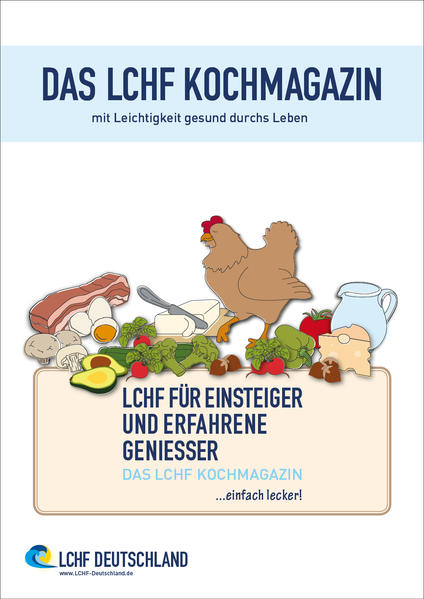 Bei allen Rezepten sind die Nährwerte angegeben, die Energieverteilung und die Skaldeman-Ratio. Jedes Magazin enthält als Anregung einen Essensplan für vier Wochen. Tipps und eine Lebensmittelkunde runden die LCHF Kochmagazine ab. Alle Rezepte sind mit Logos versehen. Diese stehen für: Striktes LCHF, Normales LCHF, Liberales LCHF und Low Carb. Die LCHF-Kost beinhaltet keine Sojaprodukte, kein Eiweißpulver oder Getreide. Konservierungsstoffe oder Geschmacksverstärker, künstliche Süßungsmittel, Gluten oder Glutamat gehören einfach nicht in unser Essen. Wir setzen auf regionale und jahreszeitenbezogene Lebensmittel, möglichst aus biologischem Anbau und Fleisch aus artgerechter Haltung. Tolle Kombinationen aus Low Carb Rezepten! Die Wochenpläne zeigen, wie Ihre Mahlzeiten mit Ihrem Ernährungsstil LCHF aussehen könnten. Werden Sie kreativ und wandeln Sie Ihre alten Lieblingsrezepte um. Mehr gesunde Fette sorgen für ein noch besseres Geschmackserlebnis. Überraschen Sie Ihre Familie und Ihre Gäste mit leckeren LCHF-Mahlzeiten. Sie werden die Kohlenhydrate aus Getreide und Zucker nicht vermissen.