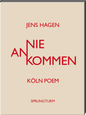 Mein Projekt ist. ein umfangreicher poetischer Text über eine große, alte, jahrhundertelang selbständige und bis heute in vielen Teilen und Widersprüchen sehr lebendige Stadt, die der Autor bis in vielen Menschen unbekannte Bereiche hinein kennengelernt hat.“ - so Jens Hagen 1996. Es „. wird kein Kolossalgemälde werden., sondern ein aus rhapsodischen Gedichten, Bildern, Fragmenten, Rhythmen, Notaten, „Geschichten“ und Momentaufnahmen von Erlebtem, Erfahrenem, Erträumtem, Erinnertem, Historischem, Utopischem. komponiertes poetisches Gebilde.“ Jetzt, im Mai 2014, erscheint das aus vier „Kapiteln“ bestehende Köln Poem - Jens Hagens „Vermächtnis“ - unter dem Titel „Nie ankommen“ erstmals vollständig als Buch. Begleitet wird es von einer CD mit authentischen Tondokumenten, die nicht nur Zeugnis geben von der atmosphärischen Kraft und der rhythmischen Energie des Werks, sondern auch von Jens Hagens großem Talent, seine Texte „musikalisch“ zu interpretieren.