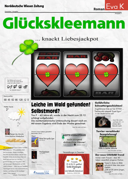 Nun ist es soweit … der spannende und quirlige Nachfolger vom Erfolgsroman „Kleiner Penis große Lügen“ ist erschienen. „Glückskleemann knackt Liebesjackpot“- so lautet der neue Titel im Glücksjahr 2013. Weiter geht’s mit Angelina und ihrem verrückten Anhang. - Ob nun Oma Martha mit ihren Lebensweisheiten und ihrer Vorliebe für Dessous, ihre 40 jährige Freundin Tess, mit ihrem Jagdtrieb und Hang zu jungen & knackigen Kerlen, der verlogene und äußerst nervige Exmann Tim- oder aber Mark, der attraktive Masseur, der Angelinas Herz zum Rasen und ihren Körper zum Beben bringt … All diese Charaktere sind auch im neuen Roman von Eva K von großer Bedeutung. - Allerdings weht auch frischer Wind in Angies Leben, denn ihre lesbische Freundin Pju taucht plötzlich auf und mischt ihre Gedankenwelt ordentlich auf. Und Marks attraktiver Sohn Oliver? Wird Tess diesem leckeren Männerhappen widerstehen können? … Freundschaft, Liebe, Sex, Spannung & großes Glück … viele verschiedene Gefühlsebenen und die unterschiedlichsten Sichtweisen, dazu noch eine große Portion Sarkasmus … das Ergebnis: „Glückskleemann … knackt Liebesjackpot“! Falls Sie den Roman „Kleiner Penis große Lügen“ noch nicht gelesen haben, können Sie auch mit dem neuen Buch ins Lesevergnügen einsteigen, denn auf den ersten Seiten gibt es eine ausführliche Zusammenfassung („Was bisher geschah …“), in der Sie in Angelinas turbulentes Leben eingeführt werden.