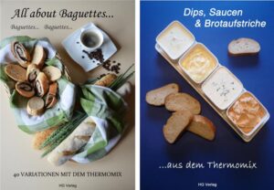 Set 2 Bücher: All about Baguettes Baguettes. Baguettes. 40 VARIATIONEN MIT DEM THERMOMIX Beschreibung durch den Autor: Mit diesen 40 Baguette-Variationen mit dem Thermomix bekommen Sie eine Vielzahl verschiedenster Backideen an die Hand. Beim Durchblättern der Rezepte steigt schon die Vorfreude aufs Backen. Sie werden begeistert sein, welche Leckereien Sie ganz einfach mit dem Thermomix zaubern können. Begeistern Sie Familie und Gäste. In Kombination mit den verschiedensten Dips wird Ihr Grillfest eine runde Sache. Warten Sie nicht lange und legen los, z.B. mit einem knusprigen Bacon-Baguette oder einem Baguette mit Nutella. Rezeptbeispiele: Baguette mit Kräuterbutter Pizza - Baguette Käsebaguette Ciabatta - Baguette Französisches Baguette Knusperbaguette Kräuterbaguette Rustikales Baguette "Strammer Heinz" Stangenweißbrot Zwiebelbaguette "Noblesse" Hinweise zu den Unterschieden zwischen dem TM 31 und TM 21 und viele, viele mehr. Produktdetails: ISBN: 978398161266039 Erschienen: 2013 / 2.Auflage Verlag: HG Verlag Einband: A5 Ring-Wire gebunden Digitaldruck Cover Glanz, UV Lack beschichtet Sprache: Deutsch Seiten: 52 Rezepte: 40 Gewicht: 160 g Länge: 210 mm Breite: 148 mm Höhe: 5 mm unbebildert Plus Dips, Saucen & Brotaufstriche .aus dem Thermomix Beschreibung durch den Autor: Hier finden Sie lecker und vielseitig zusammengestellte Dips, Brotaufstriche und auch einige Saucen. Beim Durchstöbern der Rezepte steigt die Vorfreude aufs Ausprobieren. Verwöhnen Sie doch einmal Ihre Grillgäste mit Aioli oder Pfeffercreme. Ihre Gäste werden begeistert sein. Diese Dips. passen zu Grillfleisch genauso gut, wie zu Gemüsesticks oder einfach zu knusprigem Baguette. Sie sind eben das Tüpfelchen auf dem i. Zubereitet im Thermomix ein schneller und leckerer Genuss! Rezeptbeispiele: Aioli Bärlauchquark Grüne Pfeffercreme Frischkäse - Dip Tzatziki Tomatenaufstrich Obazda Lachsaufstrich Paprika - Kräuterbutter und viele, viele mehr. Produktdetails: ISBN: 9783981612615 Erschienen: 2.Auflage 2013 Verlag: HG Verlag Einband: A5 Ring-Wire gebunden Digitaldruck Cover Glanz, UV Lack beschichtet Sprache: Deutsch Seiten: 56 Rezepte: 50 Gewicht: 170 g Länge: 210 mm Breite: 148 mm Höhe: 5 mm unbebildert