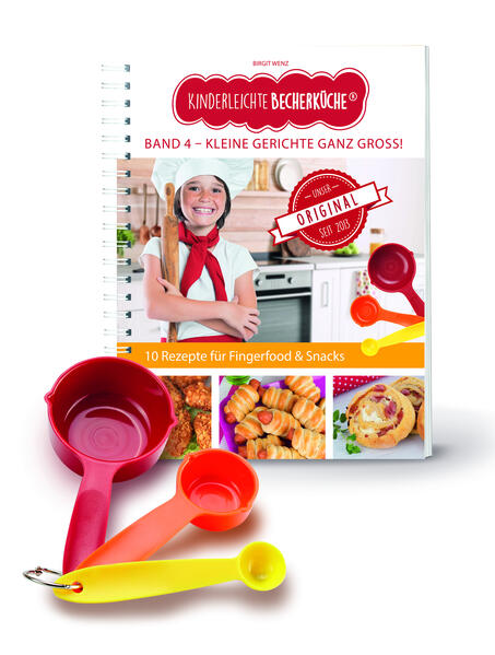 Kinderleichte Becherküche - Kleine Gerichte ganz groß! (Band 4) Backset inkl. 3-teiliges Messbecher-Set Kinder lieben es selbst zu Backen und lecker muss es sein. Fingerfood und kleine Snacks liegen voll im Trend! Egal ob beim Kindergartenfest oder bei einer Familienfeier - Buffets, zu denen jeder Gast etwas mitbringt, sind toll und abwechslungsreich. Nun können auch schon die Kleinsten bei der Zubereitung kleiner Gerichte fleißig mithelfen oder sie sogar alleine zubereiten. Mit dem Backkonzept „Kinderleichte Becherküche - Kleine Gerichte ganz groß!“ können schon Kinder im Vorschulalter Schinkenschnecken, Mini-Quiches oder Chicken Nuggets herstellen. Das Zubereiten der Gerichte ist deshalb kinderleicht, weil Zutaten und Gewürze mit dem farbigen Messbecherset abgemessen werden und eine klar strukturierte Bild-für-Bild Anleitung durch das Rezept führt. Der Nachwuchs präsentiert dann voller Stolz seine leckeren Speisen und die Eltern und Gäste dürfen genießen! Inhalt: 10 kindgerechte Rezepte Aus der Muffinform • Rührei-Muffins • Mini Quiche Fingerfood / Snacks • Käseplätzchen • Salamitaler • Schinkenschnecken • Würstchen im Schlafrock • Schinken-Käse-Baguette Hauptspeisen • Chicken Nuggets Brot • Baguette Leckeres vom Blech • Pfannkuchen