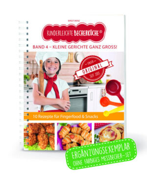 Kinderleichte Becherküche - Kleine Gerichte ganz groß! (Band 4) (ERGÄNZUNGSEXEMPLAR ohne 3-teiliges Messbecher-Set) Kinder lieben es selbst zu Backen und lecker muss es sein. Fingerfood und kleine Snacks liegen voll im Trend! Egal ob beim Kindergartenfest oder bei einer Familienfeier - Buffets, zu denen jeder Gast etwas mitbringt, sind toll und abwechslungsreich. Nun können auch schon die Kleinsten bei der Zubereitung kleiner Gerichte fleißig mithelfen oder sie sogar alleine zubereiten. Mit dem Backkonzept „Kinderleichte Becherküche - Kleine Gerichte ganz groß!“ können schon Kinder im Vorschulalter Schinkenschnecken, Mini-Quiches oder Chicken Nuggets herstellen. Das Zubereiten der Gerichte ist deshalb kinderleicht, weil Zutaten und Gewürze mit dem farbigen Messbecherset abgemessen werden und eine klar strukturierte Bild-für-Bild Anleitung durch das Rezept führt. Der Nachwuchs präsentiert dann voller Stolz seine leckeren Speisen und die Eltern und Gäste dürfen genießen! Inhalt: 10 kindgerechte Rezepte Aus der Muffinform -Rührei-Muffins -Mini Quiche Fingerfood / Snacks -Käseplätzchen -Salamitaler -Schinkenschnecken -Würstchen im Schlafrock -Schinken-Käse-Baguette Hauptspeisen -Chicken Nuggets Brot -Baguette Leckeres vom Blech -Pfannkuchen