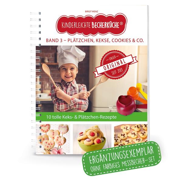 Kinderleichte Becherküche - Plätzchen, Kekse, Cookies & Co. (Band 3) ERGÄNZUNGSEXEMPLAR (ohne 3-teiliges Messbecher-Set) 10 tolle Keks- und Plätzchenrezepte Wer liebt sie nicht, die kleinen, feinen, süßen Leckereien, die ruck, zuck vernascht sind. Nicht nur in der Advents- und Weihnachtszeit, sondern das ganze Jahr über sind Plätzchen und Kekse beliebt bei Groß und Klein. Mit dem Backkonzept „Kinderleichte Becherküche - Plätzchen, Kekse, Cookies & Co“ können schon Vorschulkinder selbstständig Bärenkekse, Nuss-Nougat-Taler oder Lebkuchen herstellen und die Plätzchendose füllen. Mit dem farbigen Messbecherset werden die Zutaten ganz leicht abgemessen und durch die klar strukturierte Bild-für-Bild Anleitung gelingen die Kekse auch ganz sicher. Inhalt: 10 kindgerechte Rezepte Plätzchen die immer passen • Bärenkekse • Nuss-Nougat-Taler • Plätzchen am Stiel • Schokolinsenplätzchen • Keksblumen Moderne Kekse • Cookies • Whoopies Weihnachtsgebäck • Lebkuchen • Linzerplätzchen • Vollkornelche