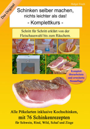 Das Buch "Schinken selber machen, nichts leichter als das!” zeigt Ihnen, wie Sie Schinken bei sich zu Hause selber herstellen können. *160 Seiten geballtes Wissen aus fast zwei Jahrzenten Erfahrung *Alle Pökelarten, inklusive Kochschinken. Mit 76 Schinkenrezepten für Schwein, Rind, Wild, Schaf und Ziege. *Schritt für Schritt Anleitungen in Wort und Bild *Es spielt dabei keine Rolle ob Sie noch Neuling sind, oder bereits Erfahrung gesammelt haben. *Der Ratgeber holt Sie da ab, wo Sie gerade stehen *Welche Werkzeuge benötigt werden *Das schärfen der Messer *Welche Fleischteile verwendet werden können *Wie die Gewürzmischung selber hergestellt wird *Heiß- und Kalträuchern und was es zu beachten gibt *Lagern und Reifen der Schinken *Alle Rezepte sind mit natürlichen Zutaten versehen, also keine Konservierungsstoffe oder chemische Zusätze. *Das Buch nimmt Sie bei der Hand und zeigt Ihnen Schritt für Schritt wie es gemacht wird, so gelingt es garantiert!