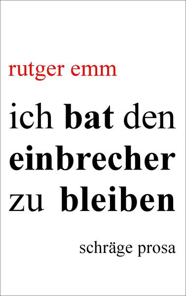 hier zielt einer mit sprache auf die gegenwart: nur die realität ist schräger als diese literatur … EMMpfehlenswert! mit libellen den sommer besprechen bei einer tasse luft … menschen, die von unkraut sprechen, werden in unkrautkreisen als unmenschen besprochen … das schönste am orgasmus sind die vokale … gutdraufismus … das navigationsgerät ein wahres augensaugen ein fingerverführer … sah blass aus mein arzt als er quer übern flur schoss … paretissimo - zehn prozent aufwand, neunzig prozent ergebnis … wir sind insassen einer gegenwart … früher begann der tag mit einer schusswunde, heute endet er sprengstoffumgürtelt … eine gute nachrichtensprecherin erkennst du daran, dass du sie am vorabend des weltuntergangs heiraten willst … dädalus entdeckt das glück … „ich bat den einbrecher zu bleiben“ enthält schräge prosa von rutger emm: geschichten, erzählungen, kurzprosa